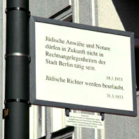Jewish lawyers and notaries may no longer have legal responsibilities concerning the City of Berlin. 18.3.1933 / Jewish judges are suspended. 31.3.1933